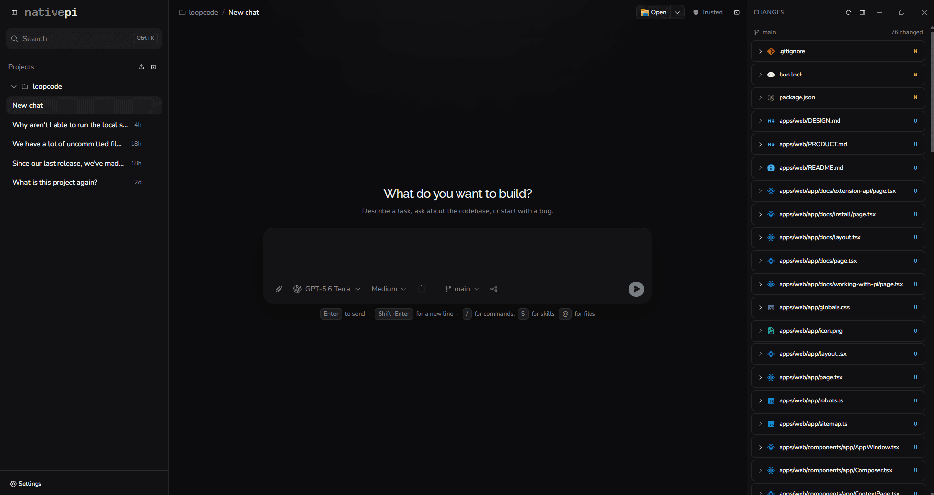 The NativePi window: a project sidebar with recent conversations, a new chat asking what you want to build, a composer with model and branch pickers, and a Changes pane listing modified files.